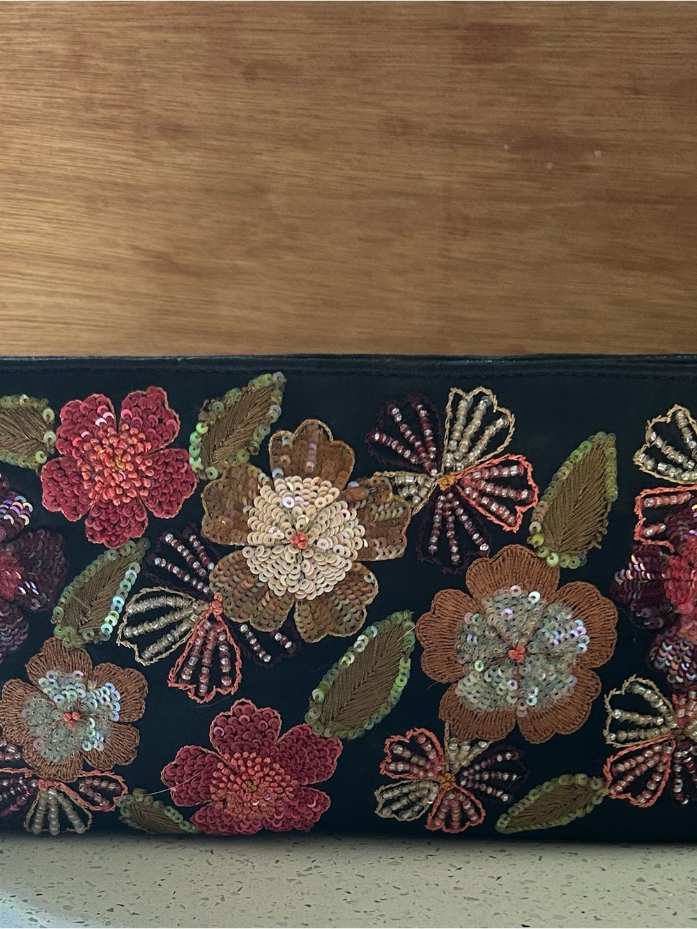 Santi Embroidered Sequin Floral Purse, Bag - Black